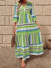 billige Boho-kjoler-Dame Maxikjole Solkjole Kjole med A-linje Fit And Flare Dress Ferie Fritid Bohem utendørs Fest Ut på byen Normal Grafisk Geometrisk Stamme Ermeløs V-hals Rød Blå Grønn Sommer Vår