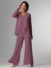 levne Máminy kalhotové kostýmy-Plážový svatební overal  kalhotový oblek 3 kusy Matky nevěsty Formální svatební host Elegantní Plus size Zahrnutý obal Lodní výstřih Délka podlahy Chiffon bez rukávů s krajkou bezplatná velikost na
