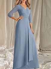 cheap Floor Length-A-Line Mother of the Bride Dress Wedding Guest Elegant V Neck Floor Length Chiffon 3/4 Length Sleeve with Tier Ruching 2025