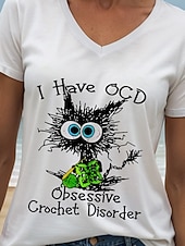 abordables T-shirt Humor &amp; Citations-Femmes Chemisier Graphique Chat Lettre ancien Élégant Classique Manche Courte Col en V Hauts Réguliers Quotidien Sortir Tenue de plage Imprimé Noir Blanche Été Printemps