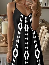 preiswerte Streifen- und geometrische Kleider-Damen Minikleid Sommerkleid A Linie Kleid Unterkleid Schulterfreies Kleid Urlaub Lässig Boho Ausgehen Strand Standard Passform Grafik Geometrisch Ärmellos V Ausschnitt Schwarz Sommer