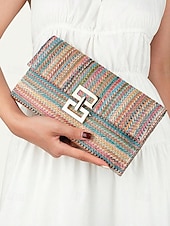 preiswerte Umhängetaschen-Damen-Umhängetasche aus gewebtem Stroh mit goldenem Kettenriemen – elegante Sommer-Clutch für Strand-, Urlaubs- und Resort-Outfits