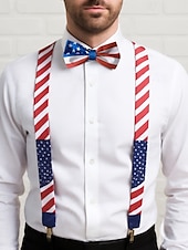 cheap Men&#039;s Ties &amp; Bow Ties-Men&#039;s American Flag Suspenders and Bow Tie Set – Patriotic Adjustable Y-Back Braces with Clips, Stars and Stripes Design, Independence Day 4th of July Outfit Accessory