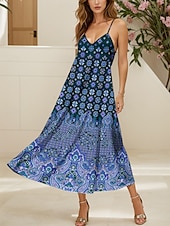 billiga Boho klänningar-Dam Maxiklänning A linjeklänning Slipklänning Semester Ledigt Boho Strand Normal Grafisk Årgång Boho Paisley Damask Ärmlös V-hals Rodnande Rosa Rubinrött Blå Purpur Sommar Vår
