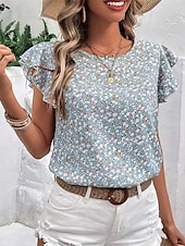 preiswerte Damen Einfache Oberteile-Damen T Shirt Blumen Mode Modern Kurzarm Rundhalsausschnitt Normale Oberteile Täglich Ausgehen Rüsche Grün Sommer