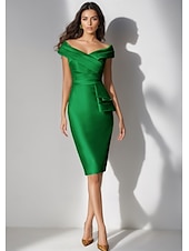 abordables Robes de cocktail-Robe de cocktail élégante en satin extensible jaune et vert, tenue de soirée formelle pour invités de mariage, longueur thé, manches courtes, épaules dénudées, avec fente, 2025
