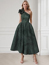 voordelige Cocktailjurken-Jacquard Groen Blauw A-Lijn Cocktailjurk Elegante Jurk Formele Bruiloft Gast Enkellengte Mouwloos Één Schouder Nylon met Zak Schouderbloem Bruiloft Gast Jurk