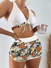 preiswerte Bikini-Sets-Womens Badeanzüge Bikini 2 Teile Shorts Badeanzug Rückenfrei Schlank Urlaub Strandmode Floral Halterhals Ärmellos Badeanzüge