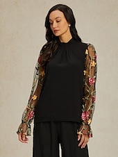 billiga Tunika Toppar-Dam Tunika Ensfärgat Nät Broderad Dagligen Elegant Ledigt Långärmad Rund hals Svart Vår Höst