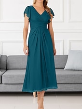 cheap Wedding Guest Dresses-A-Line Wedding Guest Dresses Elegant Dress Wedding Guest Engagement Tea Length Short Sleeve V Neck Chiffon with Pleats Ruched