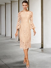 cheap Tea Length-Sheath Mother of the Bride Dress Wedding Guest Elegant Vintage Jewel Neck Tea Length Lace 3/4 Length Sleeve with Sequin 2025 free custom size