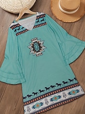 cheap Boho Dress-Women&#039;s Mini Dress Sundress A Line Dress Vacation Casual Boho Going out Beach Regular Fit Graphic Tribal 3/4 Length Sleeve V Neck Green Summer Spring