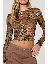 ieftine tricou floral-Pentru femei Tricou Leopard Modern Casual Manșon Lung Stil Nautic Crop Tops Zilnic Ieșire Imprimeu Maro Vară