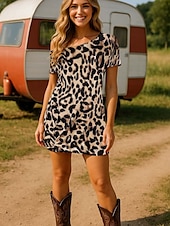 levne Zvířata šaty-Ženské boho šaty západní šaty vintage mini šaty slip šaty bodycon šaty šaty bez ramen příležitostné venkovní pláž standardní střih grafika leopard krátký rukáv jedno rameno hnědá léto
