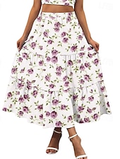 economico Gonne grafiche-Per donna Gonna Svasato Casual Maxi Vita media Gonne Floreale Stampato Micro-elastico Vacanza Uscire Rosso Viola Blu scuro Azzurro Estate Misto Cotone