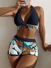 preiswerte Bikini-Sets-Womens Badeanzüge Bikini 2 Teile Shorts Badeanzug Rückenfrei Schlank Urlaub Strandmode Floral Halterhals Ärmellos Badeanzüge