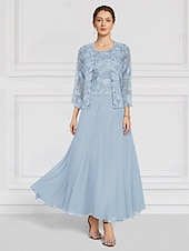 preiswerte Mit Jacke-Zweiteilig Kleid-Sets Brautmutterkleid Hochzeitsgast Kirche Elegant Rundhalsausschnitt Knöchellänge Chiffon Langarm mit Spitze Stickerei 2025
