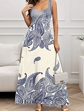 preiswerte Blumenkleider-Damen Maxikleid A Linie Kleid Sommerkleid Schulterfreies Kleid Urlaub Lässig Party Date Normale Passform Blumen Grafik Ärmellos Quadrathals Weiß Blau Grün Dunkelblau Sommer Frühling