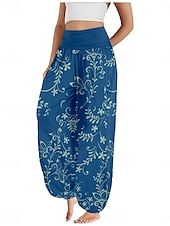 billiga Grafisk linnebyxa i bomull-Dam Linneinspirerade byxor Brett skaft Byxor Etnisk Stil Ledigt Boho Fullängd Hög midja Blommig Ficka Elastisk midja Tryck Mateial som andas Mjuk Microelastisk Utomhus Yoga Svart Rosa Marinblå Blå