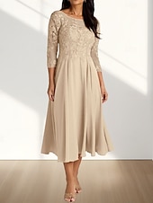 abordables Longueur du thé-Robe Mère de la Mariée A-Line Invité de Mariage Élégante Col Arrondi Longueur Thé Chiffon Manches 3/4 avec Plis Appliques Robe Midi 2025