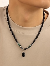 cheap Men&#039;s Jewelry-Men&#039;s Black Onyx Beaded Necklace with Tiger Eye Accents and Silver Pendant – Stylish Gift for Casual and Formal Occasions