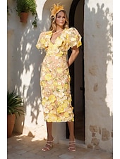 cheap Cocktail Dresses-Sheath / Column Cocktail Dresses Elegant Dress Formal Evening Party Tea Length Short Bubble Sleeve V Neck Pocket Tulle with 3D Flowers Derby Dresses 2025