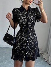 ieftine Rochie simplă-Pentru femei Rochie Mini Rochie de dantela Rochie de vară Elegant Modă În aer liber Petrecere Concediu Fit regulat Simplu Manșon scurt Guler Cămașă Negru Vară Primăvară