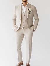 abordables Costumes de mariage-Costumes en lin pour hommes beige mode formelle 80% en lin costumes d&#039;été de couleur unie ajustement standard 3 pièces à boutonnage simple un bouton