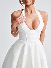 ieftine Casual / Nuntă de zi-Rochie A-line Rochie Jacquard Rochie Semi-formală Rochie cocktail Lungime midi Fără mâneci Guler halter Fundiță Spate descoperit cu detaliu cu dantelă Rochie pentru invitați la nuntă