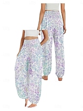billiga Byxor-Dam Linneinspirerade byxor Brett skaft Byxor Etnisk Stil Ledigt Boho Fullängd Hög midja Blommig Ficka Elastisk midja Tryck Mateial som andas Mjuk Microelastisk Utomhus Yoga Rosa Kungsblå Blå Purpur