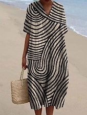 billige Stripete og geometriske kjoler-Dame Midikjole Solkjole Kjole med A-linje Ferie Fritid Strandstil Fest Ut på byen Strand Løstsittende Grafisk Geometrisk Kortermet V-hals Hvit+Svart Mørkebrun Aske Sommer Vår