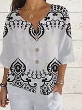 abordables T-shirt Boho-Femmes Chemise Hauts d&#039;été Graphique Géométrique Classique Occasionnel Manche 3/4 Col en V Hauts Réguliers Quotidien Week-end Imprimé Blanc / Noir Été Printemps Automne