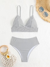 billiga Bikiniset-Kvinnors baddräkter bikini 2-delad tärnande baddräkt rygglös semester strandkläder randig V-hals ärmlös baddräkter