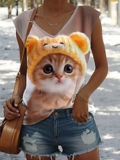 billige Grafisk butikk Tank topper &amp; Camis-Dame Skjorte Bluse Blad Katt Stilfull Fritid Ermeløs Med stropper Vanlige topper Daglig Trykt mønster Gul Lysebrun Blå Grønn Sommer Vår