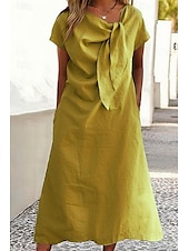 abordables concevoir des robes en coton et lin-Femmes Robe Midi Robes inspirées du lin Robe en coton et lin Mode Classique Extérieur Fête Week-end Coupe régulière Uni Manche Courte Col ras du cou Jaune Orange Vert Kaki Été