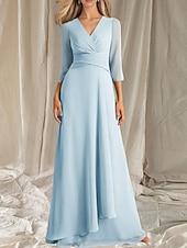 cheap Floor Length-A-Line Mother of the Bride Dress Wedding Guest Elegant V Neck Floor Length Chiffon 3/4 Length Sleeve with Tier Ruching 2025