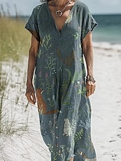 tanie Sukienki boho-Damskie Długa sukienka sukienka maxi Sukienki z bawełny i lnu Codzienne sukienki Sukienka Boho Strój zachodni Moda Na zewnątrz Impreza Święto Regularny Kwiat Krótki rękaw W serek Niebieski Zielony