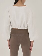 billige Skjorter-Dame Linskjorte Bluse عادي Fritid Langermet V-hals Crop Tops Daglig Ut på byen knyte foran Hvit Gul Brun Sommer