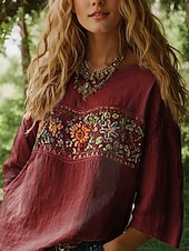preiswerte Damen Boho Tops-Damen Bluse Blumen Grafik Bohemien Täglich Ethnisch Dreiviertelarm Rundhalsausschnitt U-Boot-Ausschnitt Normale Oberteile Täglich Ferien Urlaubskleidung Druck Schwarz Rote Orange Beige Sommer Frühling