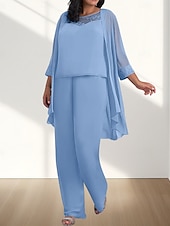 billige Gulvlengde-Jumpsuit  Buksedress 3 Delt Mor til bruden Kjole Bryllupsgjest Elegant Ledig Rund Utringning Gulvlengde Chiffon 3/4 Lengde Ermer med Perleapplikasjoner