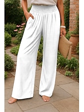 economico Pantaloni in lino e cotone semplici-Per donna Gamba larga Pantaloni in cotone e lino Chinos Moda Streetwear Comfort Lunghezza intera Vita Alta Semplice Tasca Fascia Elastica Comodo All&#039;aperto Confortevole Streetwear Abbigliamento