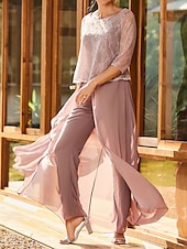 cheap Mom&#039;s Pant Suits-Two Piece Jumpsuit / Pantsuit Mother of the Bride Dress Elegant Simple Minimalist Crew Neck Floor Length Chiffon Half Sleeve with Lace