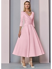 voordelige Vloerlengte-Strand Bruiloft A-Lijn Gouden Jurken Moeder van de Bruid Jurk Bruiloft Gast Elegante Vintage Plus Size V Hals Thee Lengte Satin 3/4 Lengte Mouw met Plissé dress to impress 2025 gratis op maat gemaakt