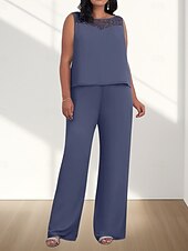 billige Gulvlengde-Jumpsuit  Buksedress 3 Delt Mor til bruden Kjole Bryllupsgjest Elegant Ledig Rund Utringning Gulvlengde Chiffon 3/4 Lengde Ermer med Perleapplikasjoner