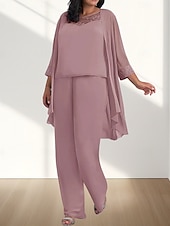 billige Gulvlengde-Jumpsuit  Buksedress 3 Delt Mor til bruden Kjole Bryllupsgjest Elegant Ledig Rund Utringning Gulvlengde Chiffon 3/4 Lengde Ermer med Perleapplikasjoner