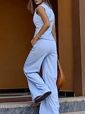 cheap Women’s Short Sets-Women&#039;s Active Basic Cotton Linen Sets Vest Pants Sets Sleeveless Shirt Collar Solid Color Dubbele Rij Knopen Outdoor Date Pink Blue Summer Regular Fit