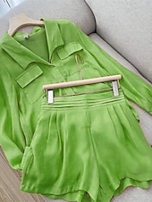 abordables Ensembles-Femmes Mode Streetwear Ensembles en coton et lin Ensembles deux pièces Ensembles de Shorts manche longue Col de chemise Uni Tenue quotidienne Date Bleu Violet Vert Été Coupe régulière