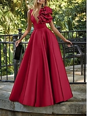 economico GIALLO-Abito da sera A-Line per matrimonio in spiaggia elegante abito formale per matrimonio lunghezza del pavimento senza maniche scollo a V in raso con fiore sulla spalla
