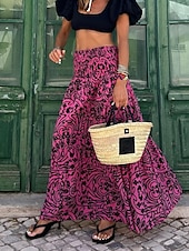 cheap Graphic Skirts-Women&#039;s Skirt Maxi Skirt A Line Swing Bohemia Casual Maxi High Waist Skirts Floral Pocket Print Micro-elastic Street Daily Pink Fuchsia Summer Polyester Cotton Blend