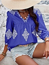 baratos Tops Boho Femininos-Mulheres Blusa Geométrica Boêmia Casual Manga 3/4 Manga Princesa Decote V Tops regulares Diário Imprimir Rosa Azul Marinha Roxo Verde Verão Primavera